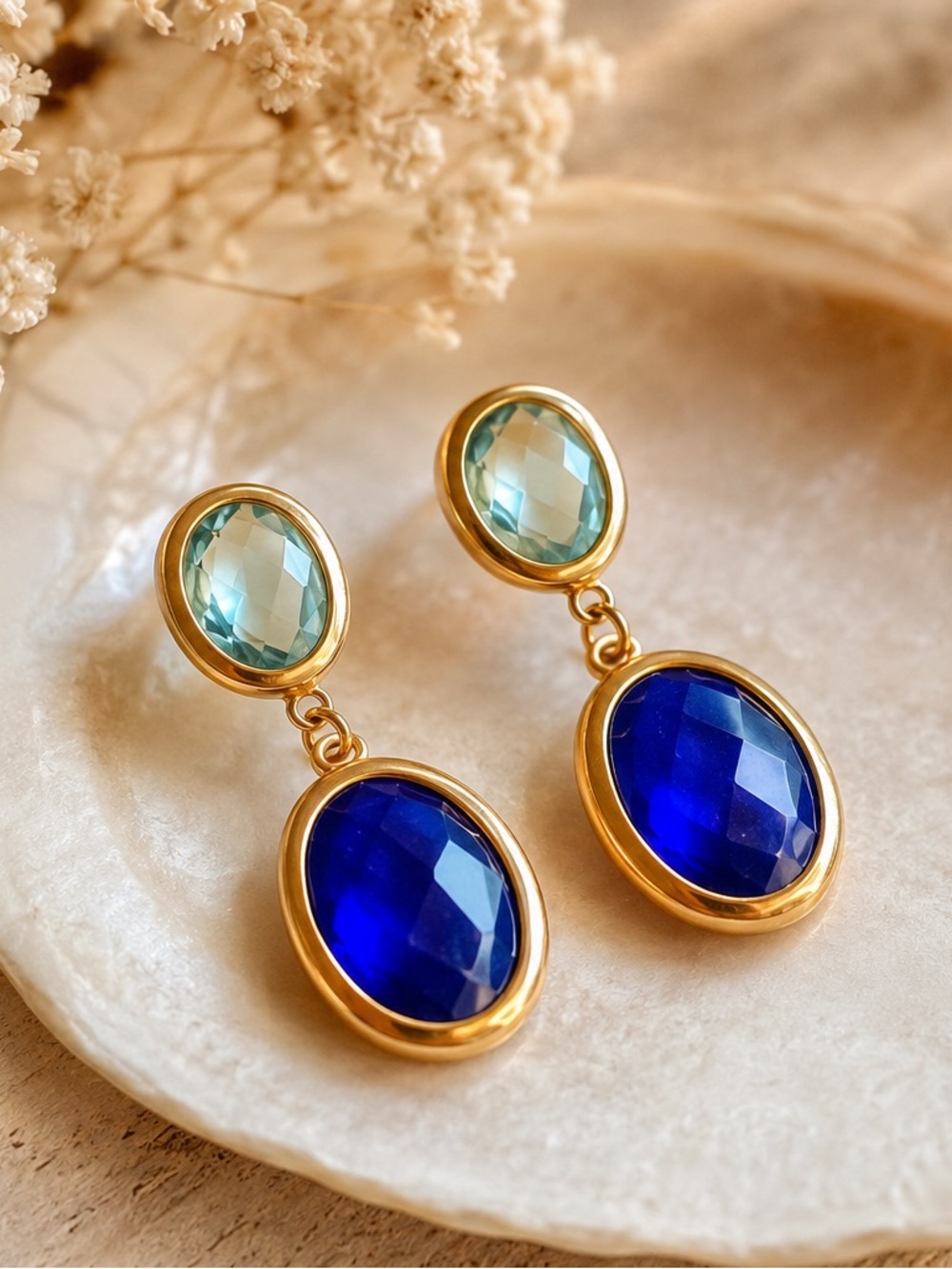 Gold-Tone Earrings with Blue and Light Green Stones by